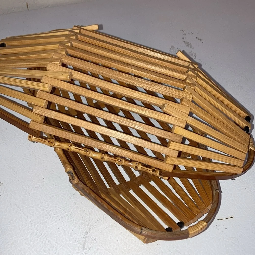Holiday Bread Baskets Set/2 Mid Century Rattan Baskets W/ Black Beads & Handles